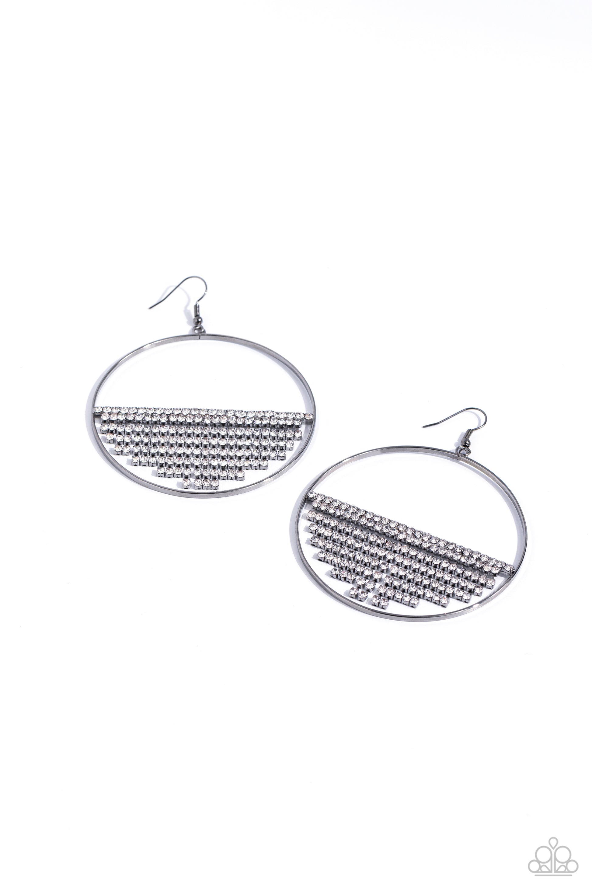 Paparazzi Accessories Fierce Fringe - Black A curtain of white rhinestones is stretched between the edges of a skinny, oversized gunmetal hoop, creating a shimmering display. The rhinestones taper towards the center as they sway and cascade, adding sparkl