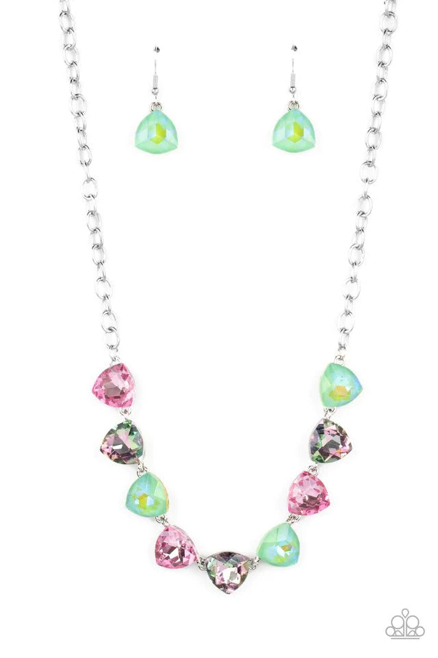 Paparazzi Accessories Dreamy Drama - Green A collection of dreamy trilliant-cut rhinestones in iridescent shades of green and pink fall in line along the collar in a majestic finish. Features an adjustable clasp closure. Due to its prismatic palette, colo