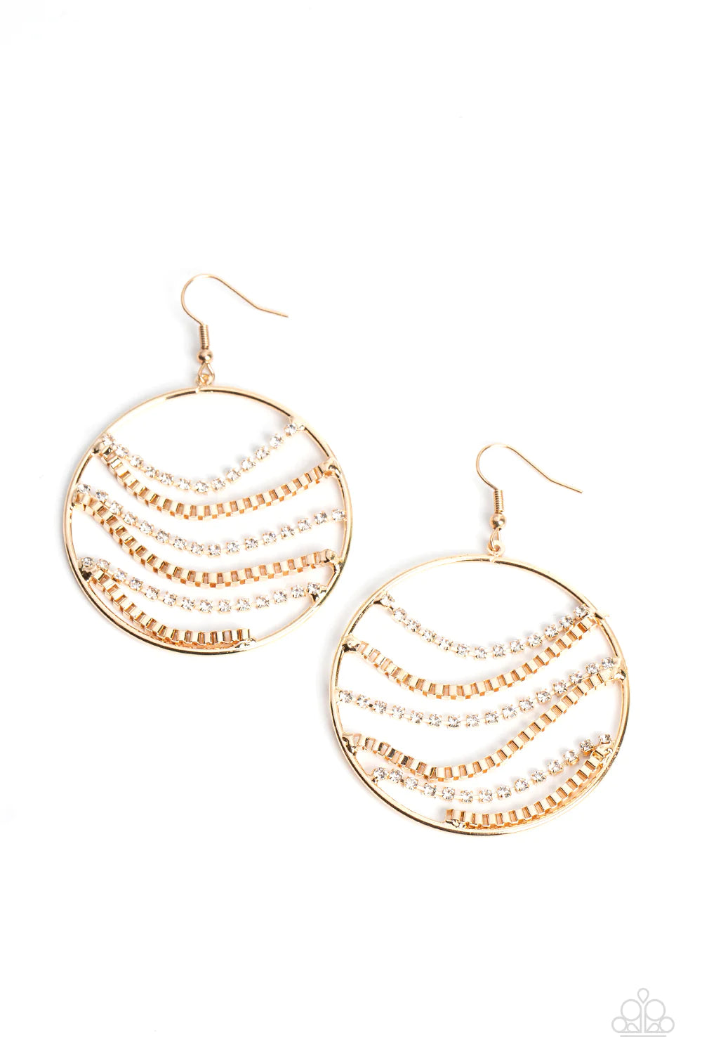 Paparazzi Accessories Fighting Fortune - Gold Rippling across the inner circumference of an oversized gold hoop, rows of glistening gold box-chains, and dainty white rhinestones, pressed into square gold frames glide into a sparkly, industrial palette bel