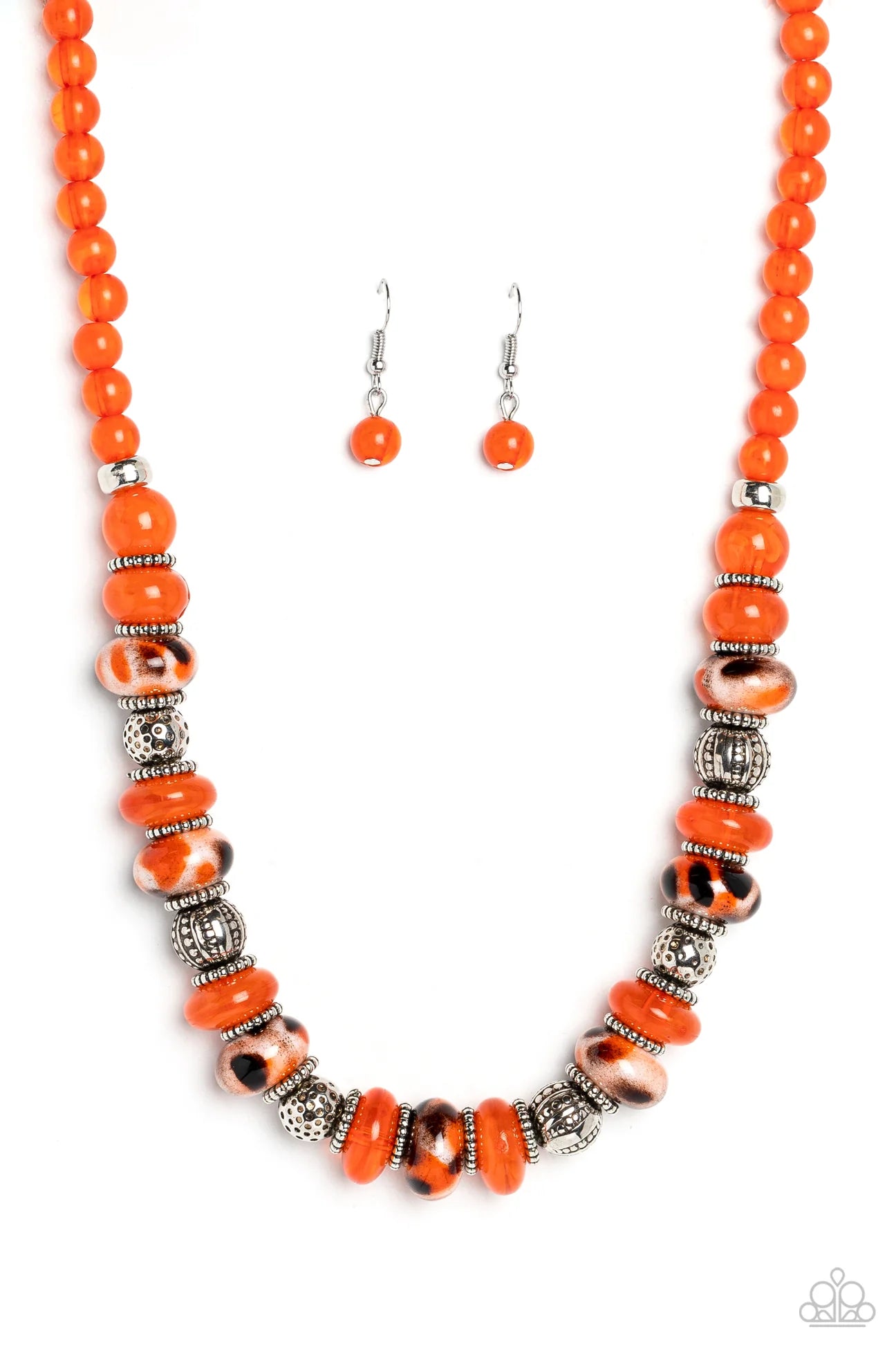 Paparazzi Accessories Warped Whimsicality - Orange An earthy collection of dotted silver beads, rounded milky orange beads, studded silver rings, orange-spotted ceramic-like beads and textured silver beads are threaded along an invisible wire below the co
