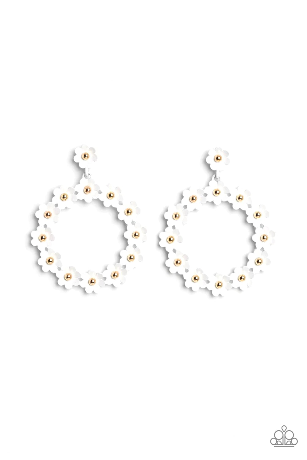 Paparazzi Accessories Daisy Meadows - White Hanging from a solitaire white daisy, a dainty collection of white daisies bloom into a free-spirited wreath below the ear. Gold studs gleam from the centers of the tactile flowers, adding an industrial sheen to