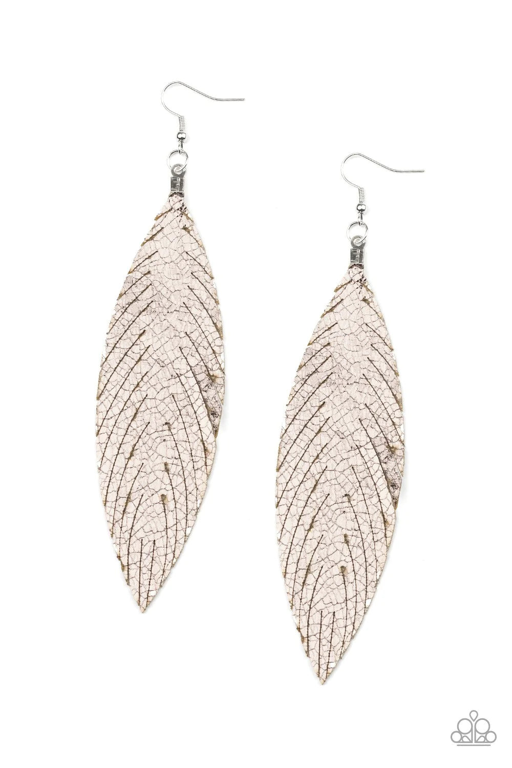Paparazzi Accessories Feather Fantasy - Multi Brushed in a shimmery metallic finish, a flat leather feather frame swings from the ear for a statement-making finish. Earring attaches to a standard fishhook fitting. Sold as one pair of earrings. Jewelry