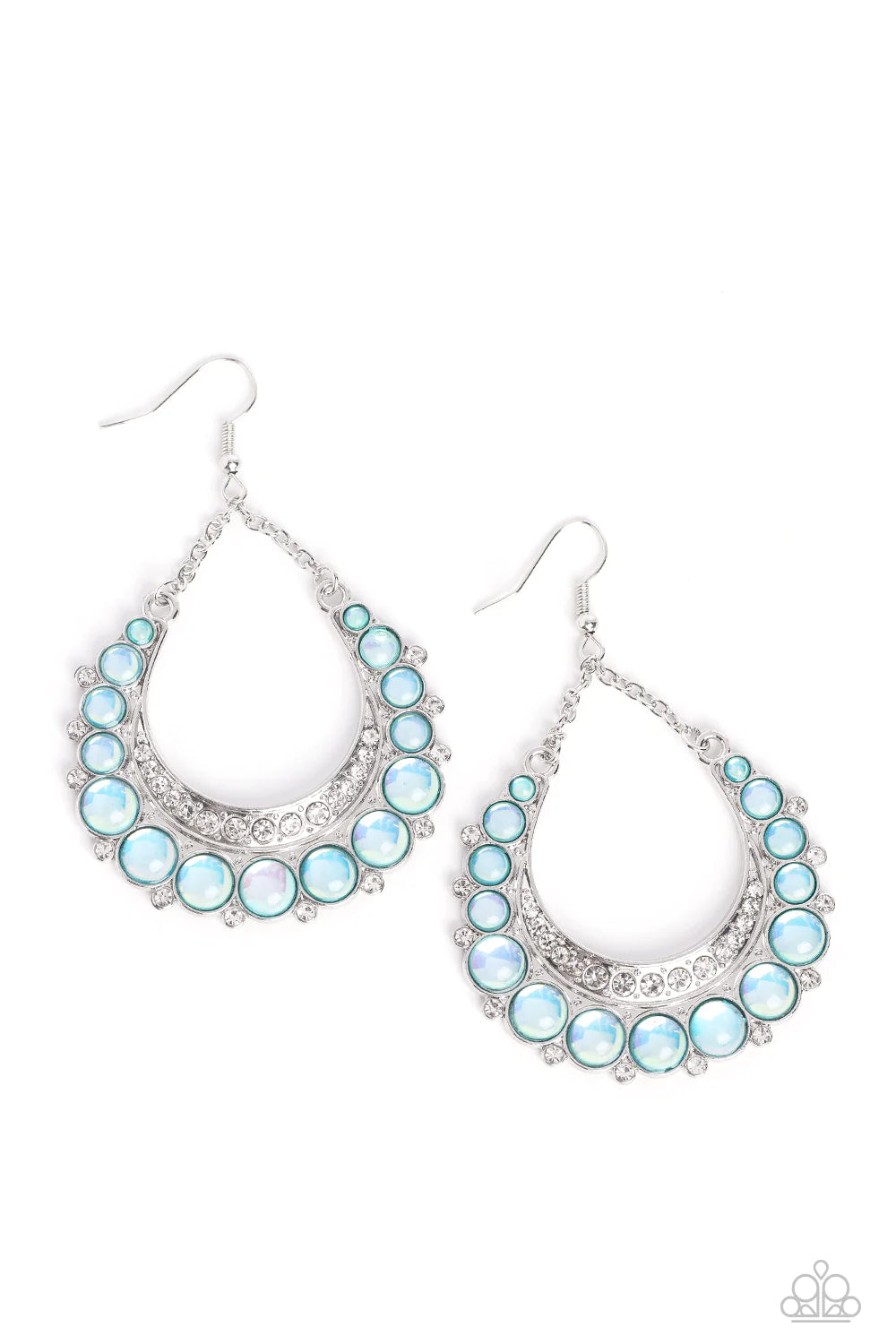 Paparazzi Accessories Bubbly Bling - Blue Bubbly blue beads are wrapped in silver frames as they fan out into a dramatic horseshoe shape. A thick silver crescent lined with white rhinestones nestles along the inside of the curve at the bottom, as tiny whi