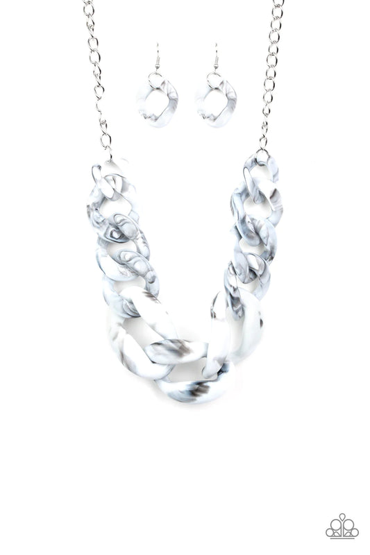 Paparazzi Accessories Red- Haute - White Featuring a faux marble finish, white acrylic links gradually increase in size as they link below the collar in a statement-making fashion. Features an adjustable clasp closure. Sold as one individual necklace. Inc