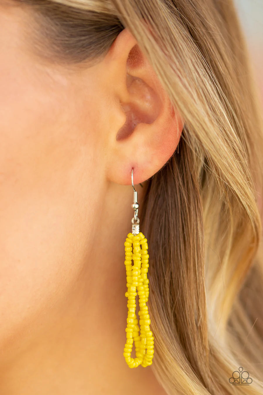 Paparazzi Accessories Congo Colada - Yellow Suspended between two silver fittings, strands of countless yellow seed beads layer across the chest for a vivacious look. Features an adjustable clasp closure. Sold as one individual necklace. Includes one pair
