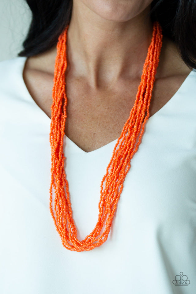 Paparazzi Accessories Congo Colada - Orange Suspended between two silver fittings, strands of countless orange seed beads layer across the chest for a vivacious look. Features an adjustable clasp closure. Sold as one individual necklace. Includes one pair