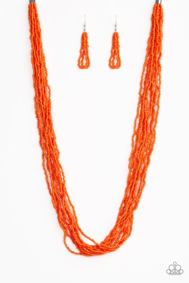 Paparazzi Accessories Congo Colada - Orange Suspended between two silver fittings, strands of countless orange seed beads layer across the chest for a vivacious look. Features an adjustable clasp closure. Sold as one individual necklace. Includes one pair