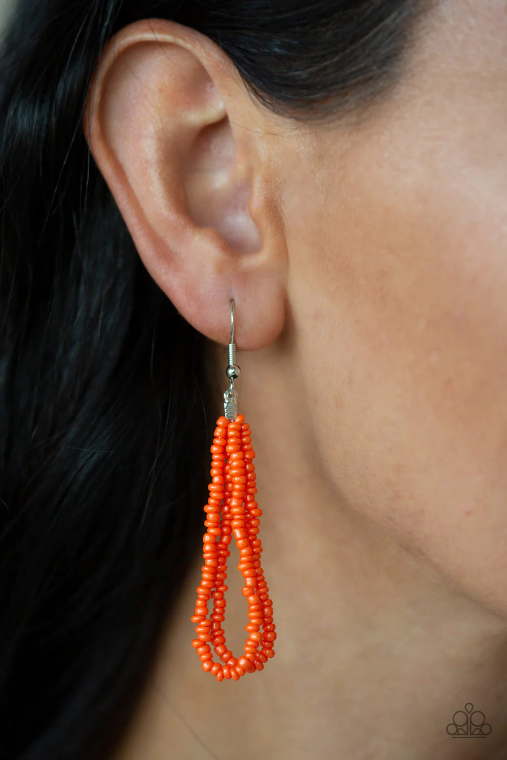 Paparazzi Accessories Congo Colada - Orange Suspended between two silver fittings, strands of countless orange seed beads layer across the chest for a vivacious look. Features an adjustable clasp closure. Sold as one individual necklace. Includes one pair