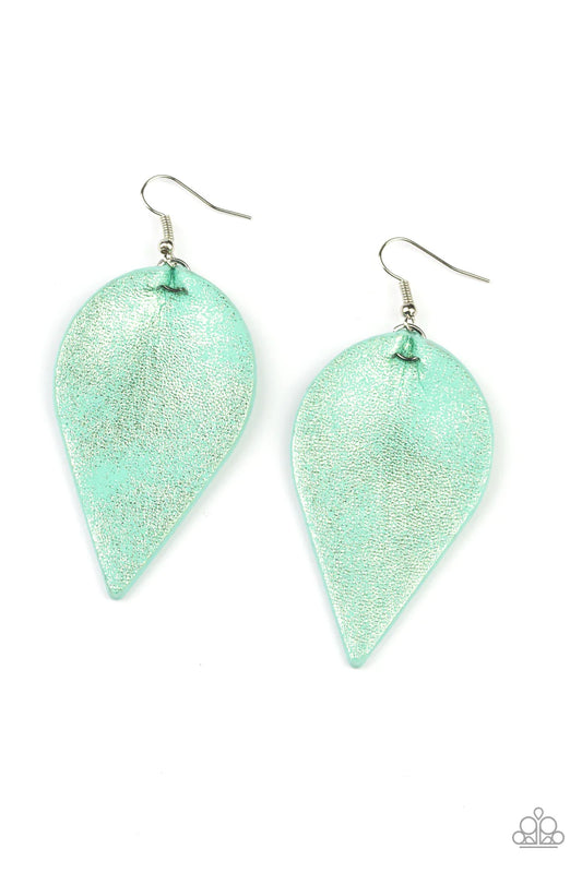 Paparazzi Accessories Enchanted Shimmer - Green Dusted in shimmer, a leathery Biscay Green leaf swings from the ear for an enchanted look. Earring attaches to a standard fishhook fitting. Sold as one pair of earrings. Jewelry