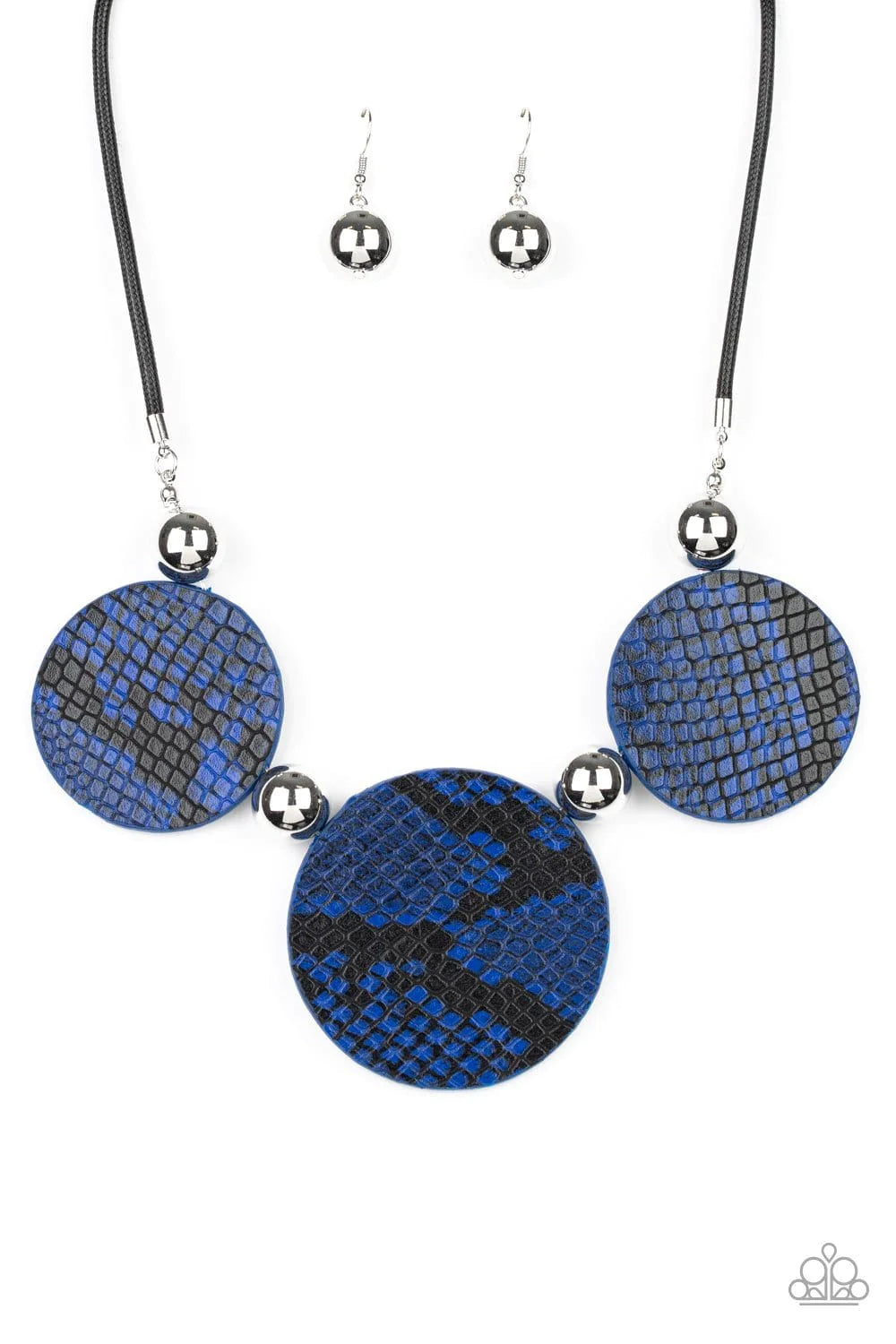 Paparazzi Accessories Viper Pit - Blue A wild collection of oversized silver beads and blue and black python patterned leather pieces are strung along an invisible wire below the collar for a statement-making finish. Features an adjustable clasp closure.