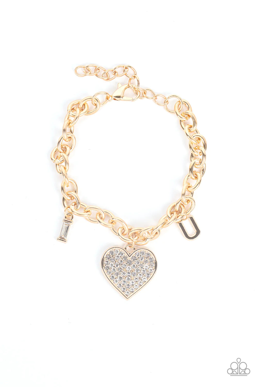 Paparazzi Accessories Declaration of Love - Gold A gold heart frame brimming with brilliant dainty white rhinestones dangles from a chunky gold chain between two gold letter charms. The letter "I" is created from an emerald cut rhinestone framed in gold a