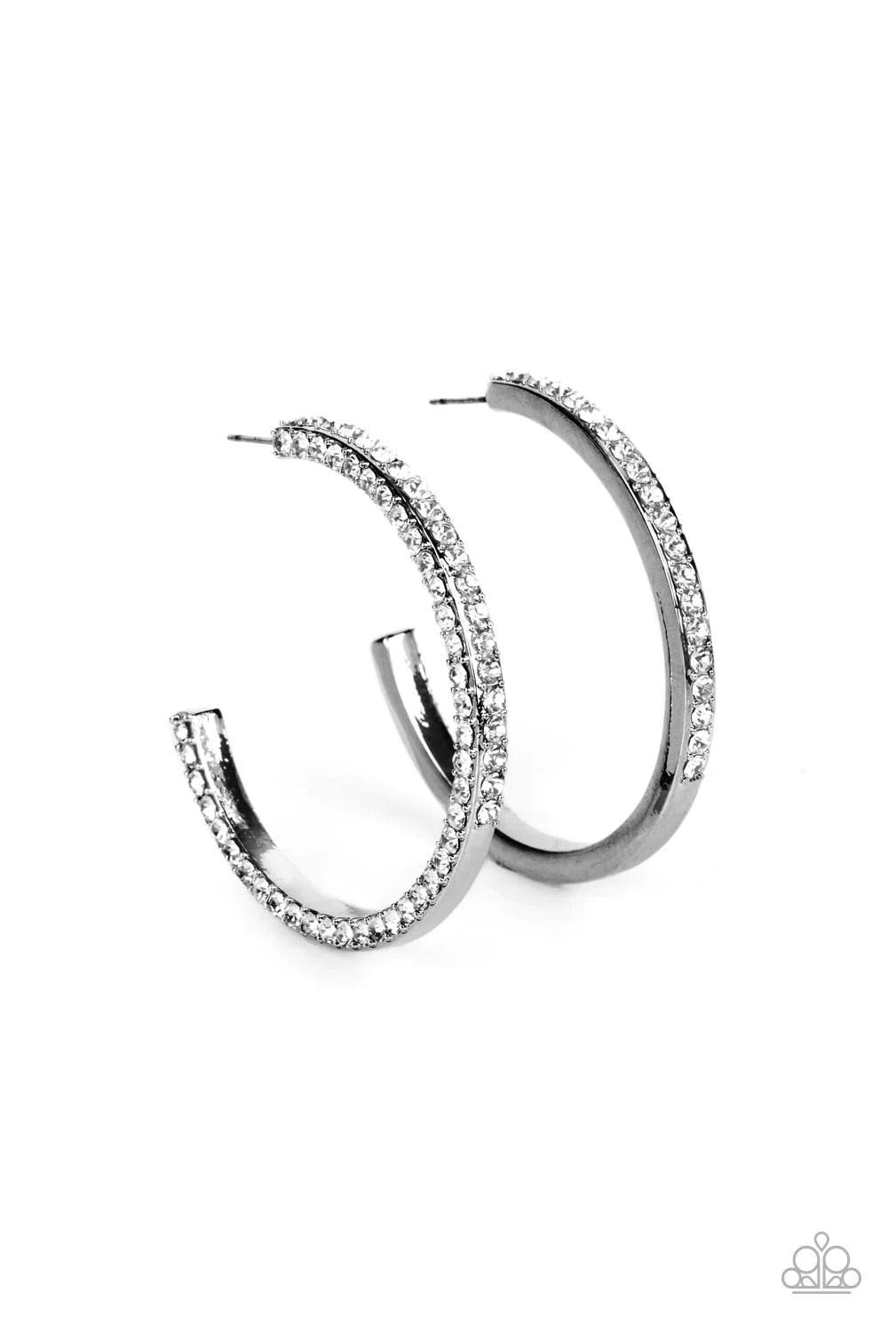 Paparazzi Accessories Powerhouse Precision - Black The front and outer edge of a timeless gunmetal hoop is unexpectedly encrusted in glassy white rhinestones, adding a timeless twist to the powerhouse piece. Hoop measures approximately 2" in diameter. Ear