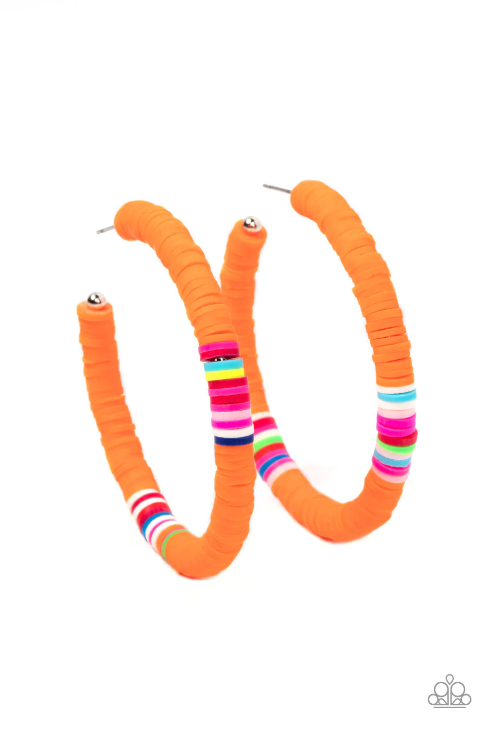 Paparazzi Accessories Colorfully Contagious - Orange Rubbery orange, white, pink, blue, green, and red bands are threaded along an oversized silver hoop, creating a courageous pop of color. Earring attaches to a standard post fitting. Hoop measures approx