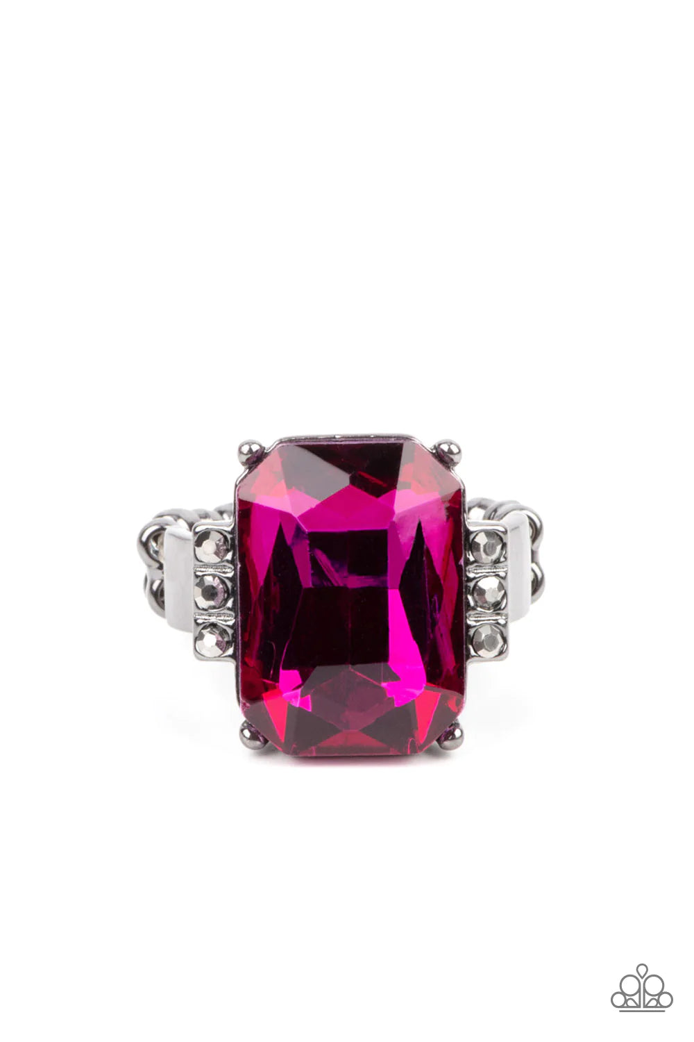 Paparazzi Accessories Epic Proportions - Pink Flanked by stacks of dainty hematite rhinestones, an oversized Fuchsia Fedora emerald cut gem is pressed into the center of a sleek gunmetal frame, resulting in a dramatic centerpiece atop the finger. Features