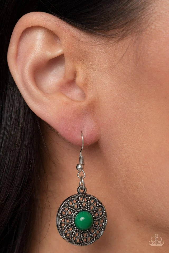 Paparazzi Accessories Detail Orientated - Green Dotted with bubbly Leprechaun beads, silver discs spinning with swirly petal motifs gradually increase in size as they link below the collar for a statement-making floral fashion. Features an adjustable clas
