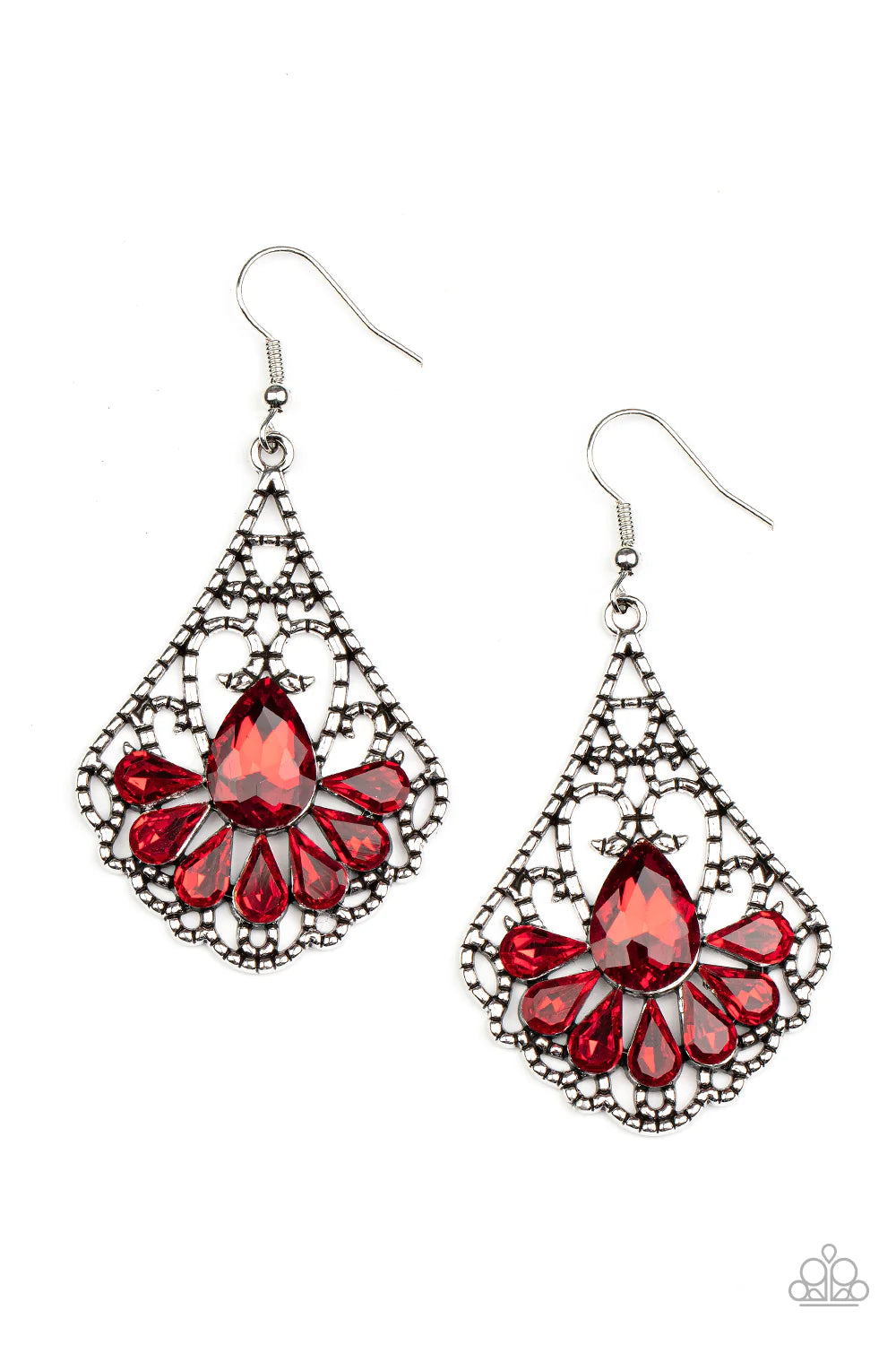 Paparazzi Accessories Exemplary Elegance - Red A sparkly collection of fiery red teardrop rhinestones fan out across the bottom of a textured filigree filled teardrop frame, creating an elegant centerpiece. Earring attaches to a standard fishhook fitting.