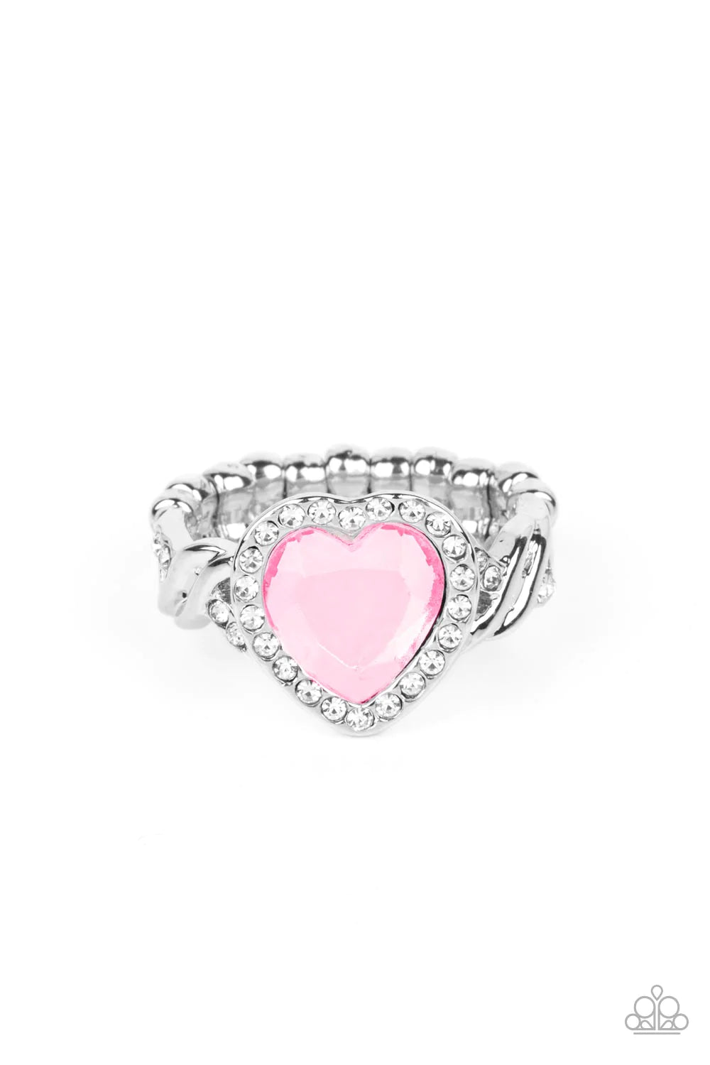 Paparazzi Accessories Committed to Cupid - Pink A faceted pink heart gem is pressed into a silver heart frame studded with dainty white crystals for a romantic centerpiece atop the finger. Textured twists dotted with similar dainty crystals climb up the s
