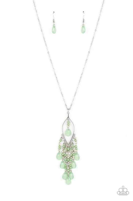 Paparazzi Accessories Sweet DREAMCATCHER - Green Dainty spearmint pearls, silver accents, and spearmint teardrop beads in an opaque finish cascade from the bottom of an airy silver almond-shaped frame. A strand of spearmint pearls and a solitaire spearmin