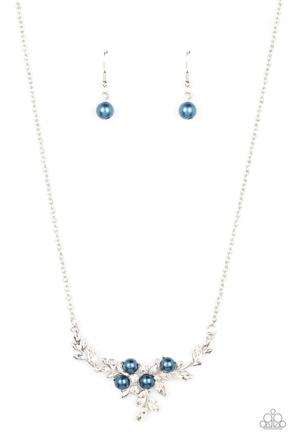 Paparazzi Accessories Because I’m The Bride - Blue Clusters of bubbly blue pearls and glassy white rhinestones delicately adorn dainty silver branches below the collar, resulting in a leafy elegance below the collar. Features an adjustable clasp closure.