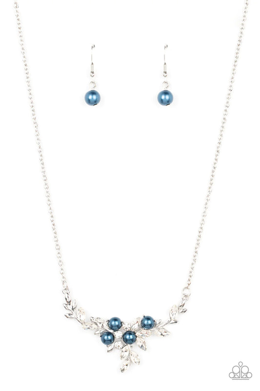 Paparazzi Accessories Because I’m The Bride - Blue Clusters of bubbly blue pearls and glassy white rhinestones delicately adorn dainty silver branches below the collar, resulting in a leafy elegance below the collar. Features an adjustable clasp closure.