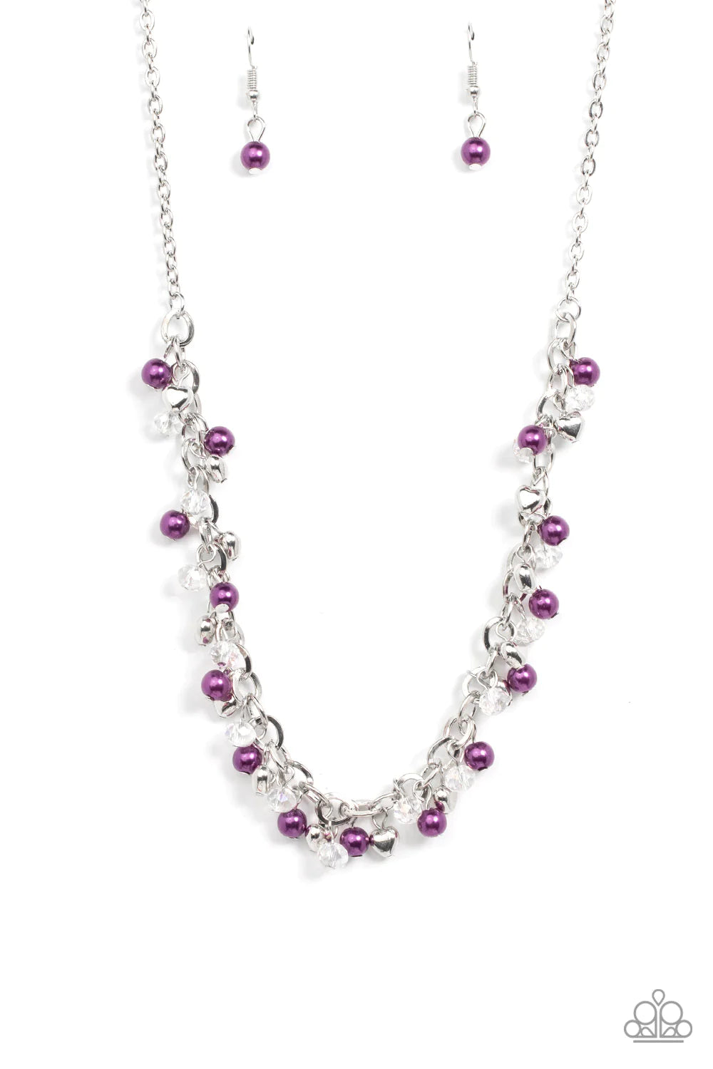 Paparazzi Accessories Soft-Hearted Shimmer - Purple A dainty collection of purple pearls, white crystal-like accents, and silver heart beads delicately clusters along a dainty silver chain, creating a flirtatious fringe below the collar. Features an adjus