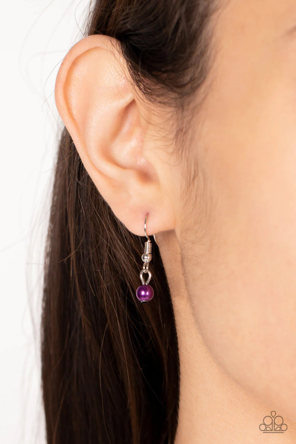 Paparazzi Accessories Soft-Hearted Shimmer - Purple A dainty collection of purple pearls, white crystal-like accents, and silver heart beads delicately clusters along a dainty silver chain, creating a flirtatious fringe below the collar. Features an adjus
