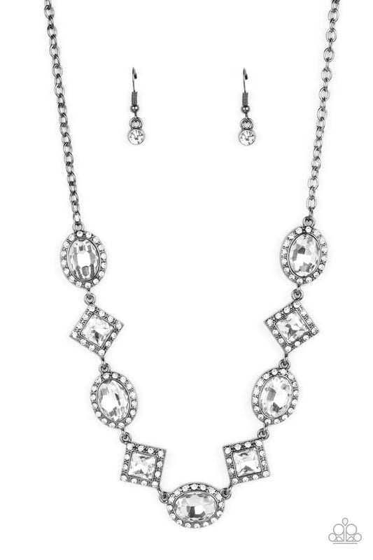 Paparazzi Accessories Diamond of the Season - Black Dazzling white rhinestones, in both oval and square cuts, fall along the collar in an alternating pattern. Each gem is set against a backdrop of gunmetal and bordered by tiny white rhinestones, amplifyin