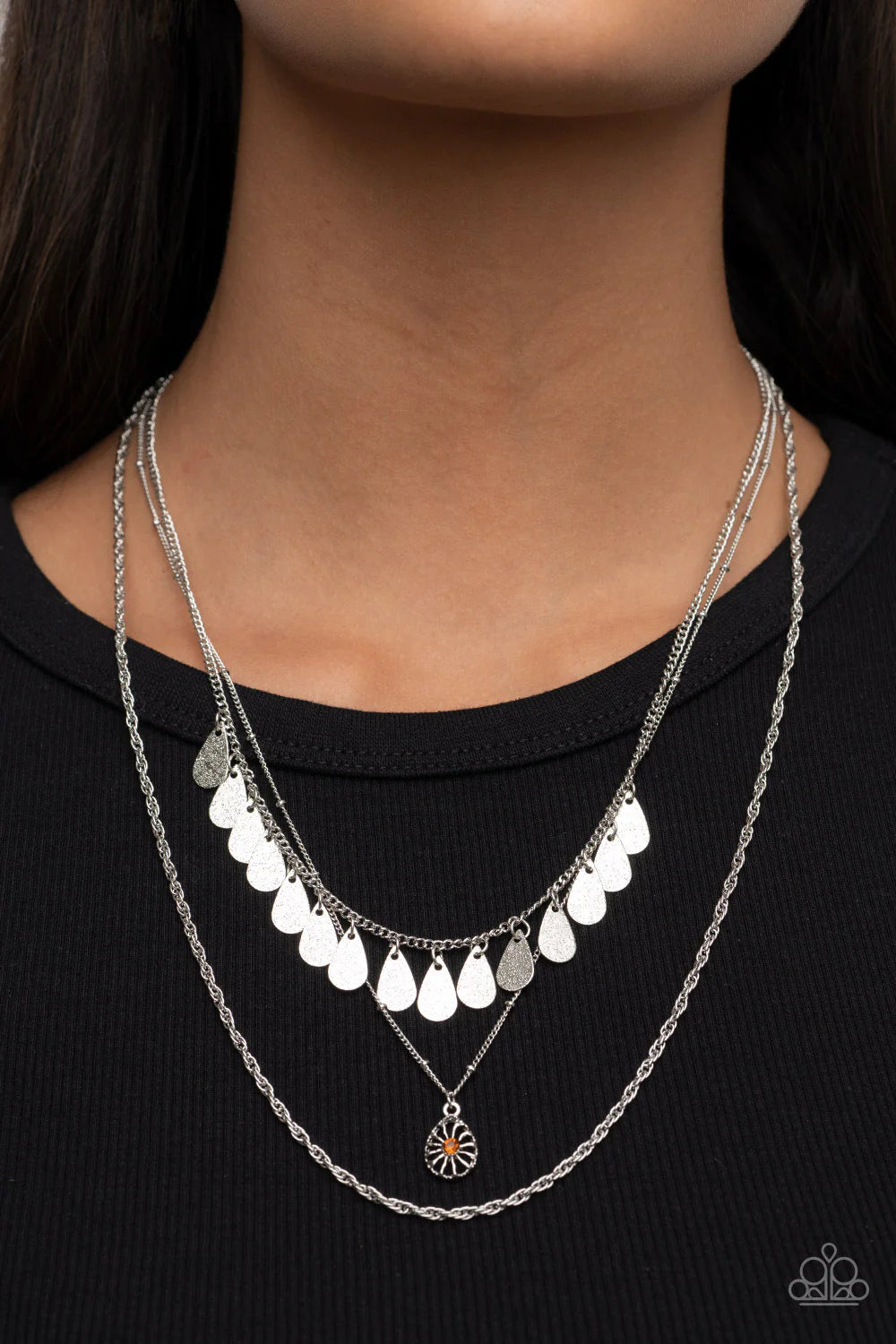 Paparazzi Accessories Prairie Dream - Brown Classic silver, satellite, and twisted chains daintily layer below the collar. A topaz rhinestone dotted teardrop swings from the middle chain below a fringe of shimmery silver teardrops, resulting in a dreamy d