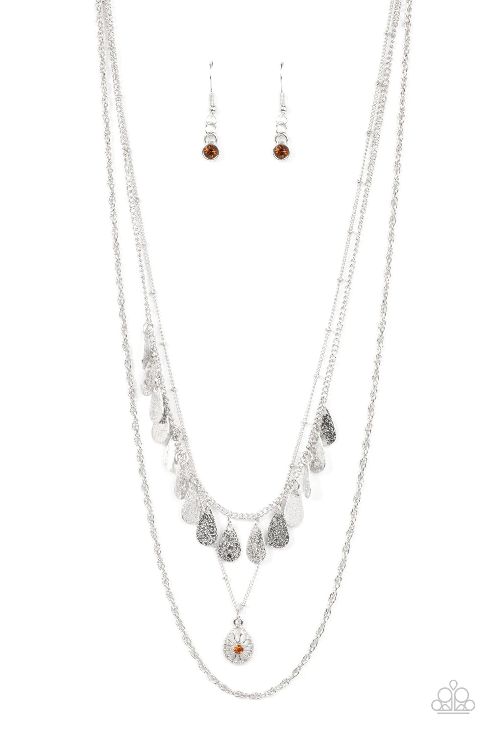 Paparazzi Accessories Prairie Dream - Brown Classic silver, satellite, and twisted chains daintily layer below the collar. A topaz rhinestone dotted teardrop swings from the middle chain below a fringe of shimmery silver teardrops, resulting in a dreamy d