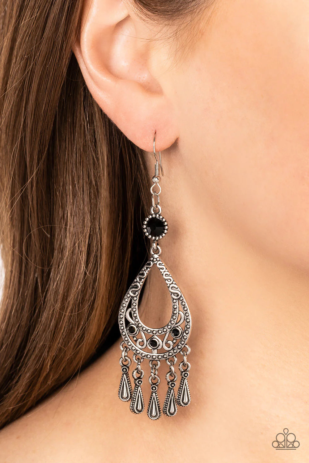 Paparazzi Accessories Viva la Diva - Black Textured silver teardrops cascade from the bottom of a textured silver frame filled with whimsical vine-like filigree. Dotted in dainty black rhinestones, the vintage-inspired frame is suspended from a solitaire