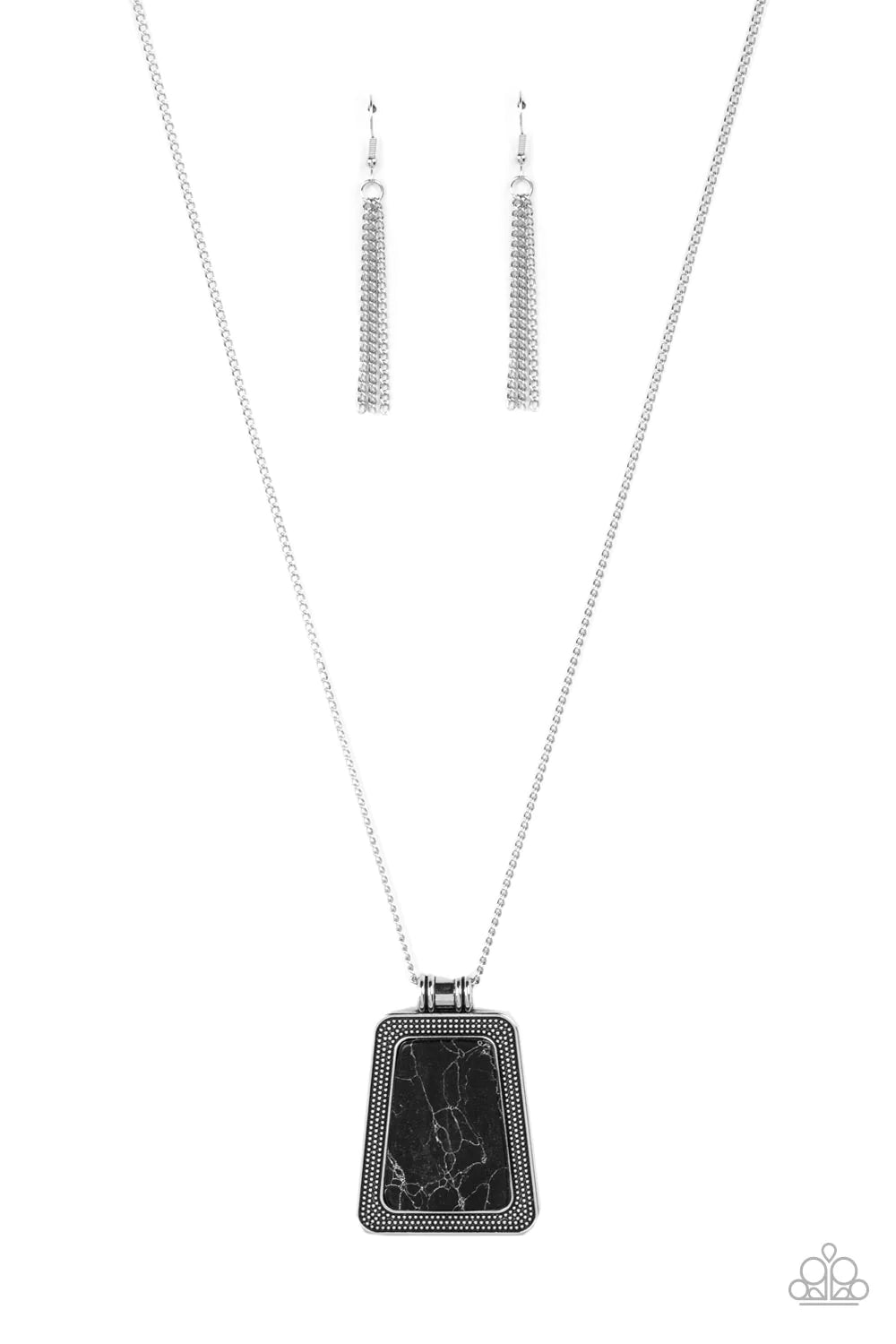 Paparazzi Accessories Private Plateau - Black A flat and trapezoidal black stone is pressed into the center of a studded silver frame, resulting in a rustic pendant at the bottom of a lengthened silver chain. Features an adjustable clasp closure. Sold as