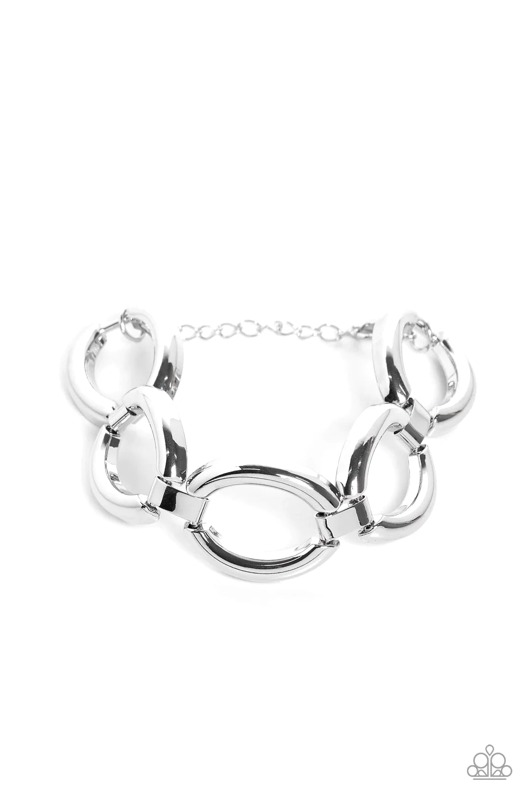 Paparazzi Accessories Constructed Chic - Silver Abstract silver ovals, linked together by moveable silver clasps, link around the wrist for a high-sheen, industrial finish. Features an adjustable clasp closure. Sold as one individual bracelet. Jewelry