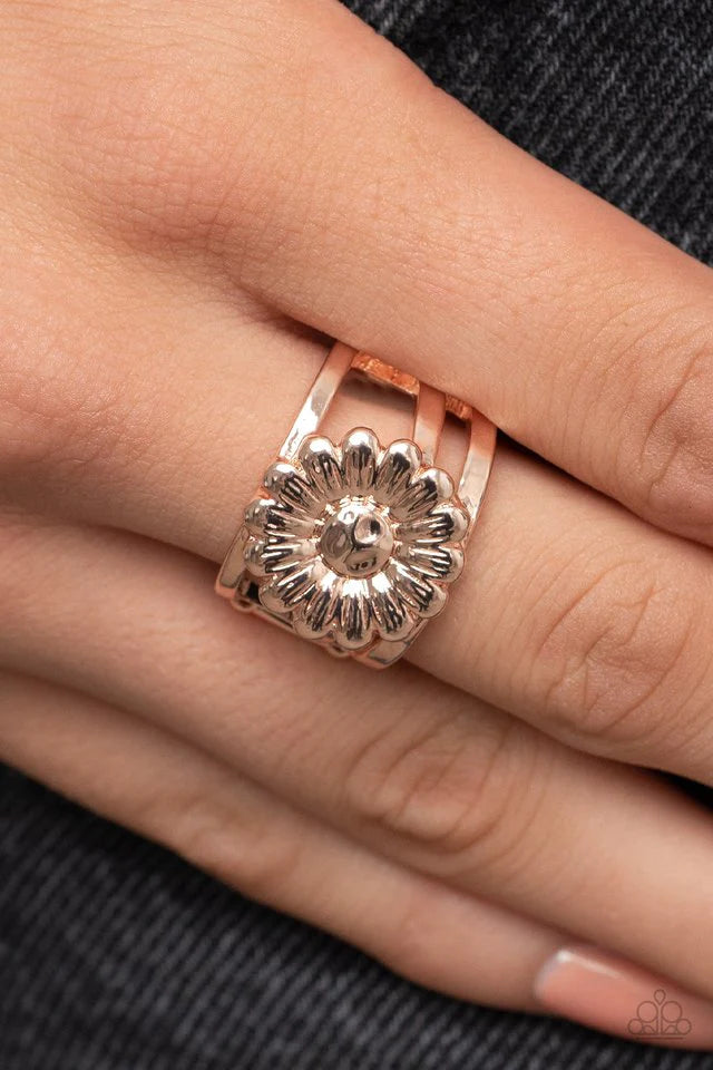 Paparazzi Accessories Roadside Daisies - Rose Gold Brushed in a glistening shimmer, a rose gold daisy blooms atop layered rose gold bands for a whimsical fashion. Features a stretchy band for a flexible fit. Jewelry