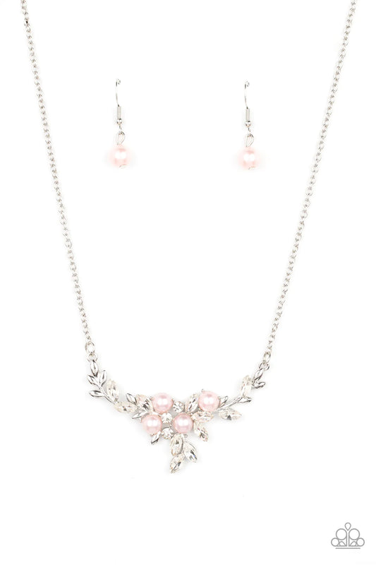 Paparazzi Accessories Because I’m the Bride - Pink Clusters of bubbly pink pearls and glassy white rhinestones delicately adorn dainty silver branches below the collar, resulting in a leafy elegance below the collar. Features an adjustable clasp closure.