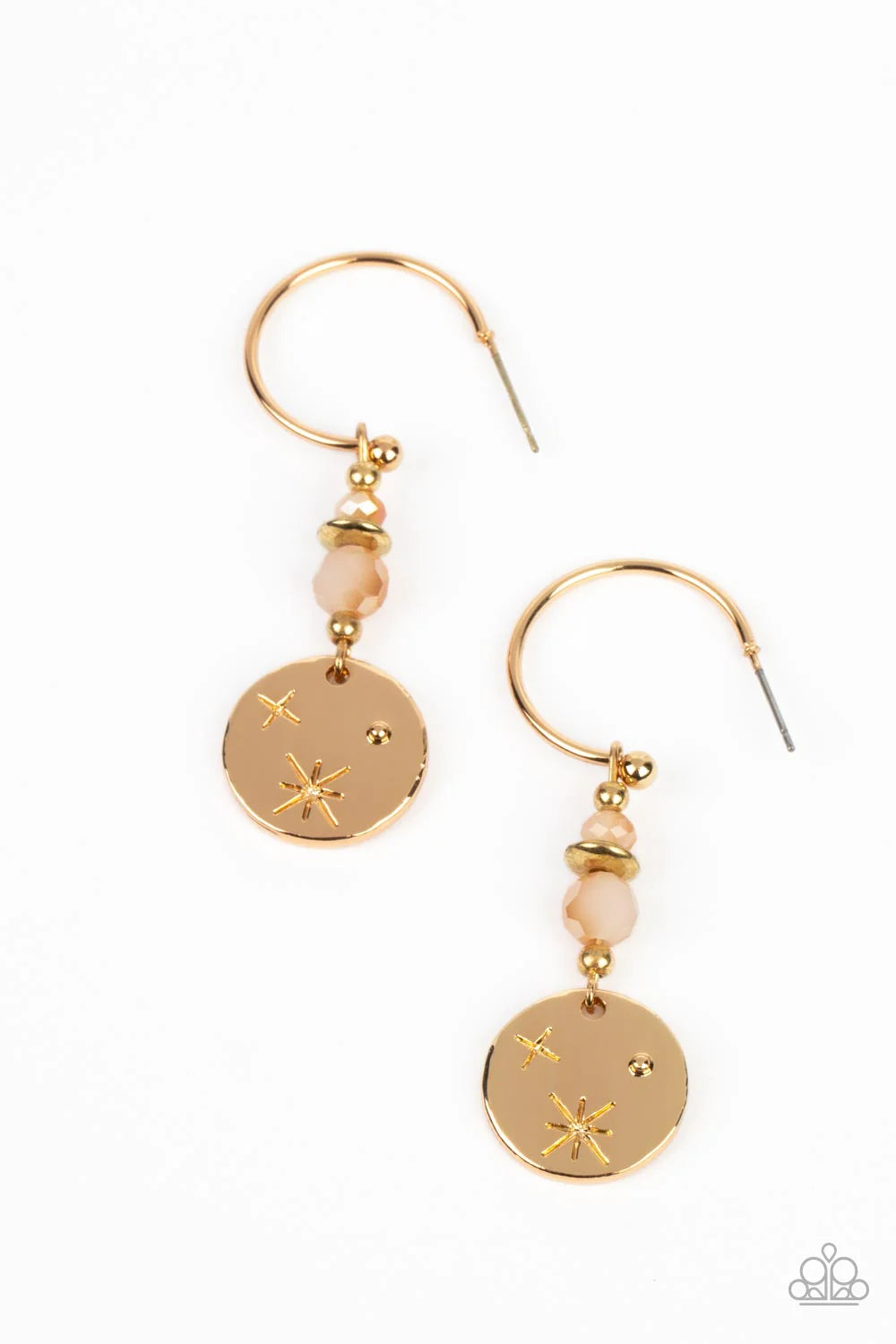 Paparazzi Accessories Artificial STARLIGHT - Gold Hanging from shiny gold hoops, a pair of opaque faceted beads brushed in a subtle reflective coating stack together with tiny gold beads. The beads sparkle down to a shiny gold pendant stamped with minimal