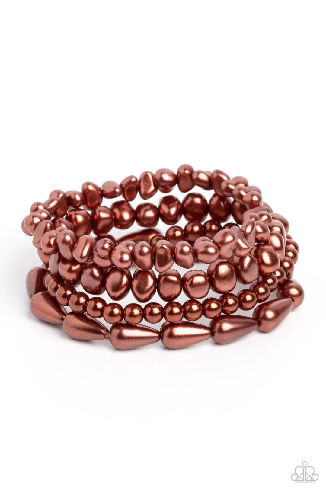 Paparazzi Accessories Gossip Pearl - Brown An abstract collection of brown baroque pearls coalesces around the wrist in four layers on elastic stretchy bands for a fashionably, refined stack. Sold as one set of four bracelets. Jewelry