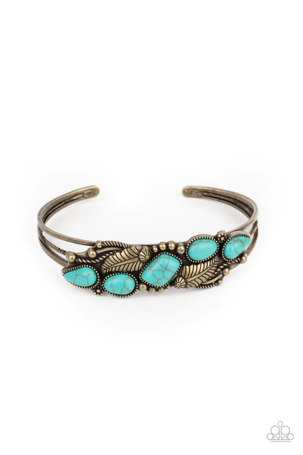 Paparazzi Accessories Cottage Living - Brass A collection of asymmetrical turquoise stones adorns the front of a studded brass frame embossed in floral and feathery accents atop a layered brass cuff. Sold as one individual bracelet. Jewelry