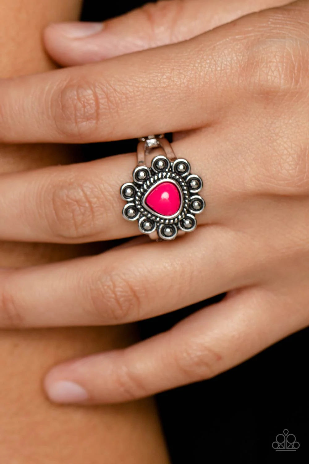 Paparazzi Accessories Fruity Frou-Froy - Pink Dainty silver petals bloom from a teardrop Pink Peacock bead center, creating a playful pop of color atop layered silver bands. Features a dainty stretchy band. Sold as one individual ring. Jewelry