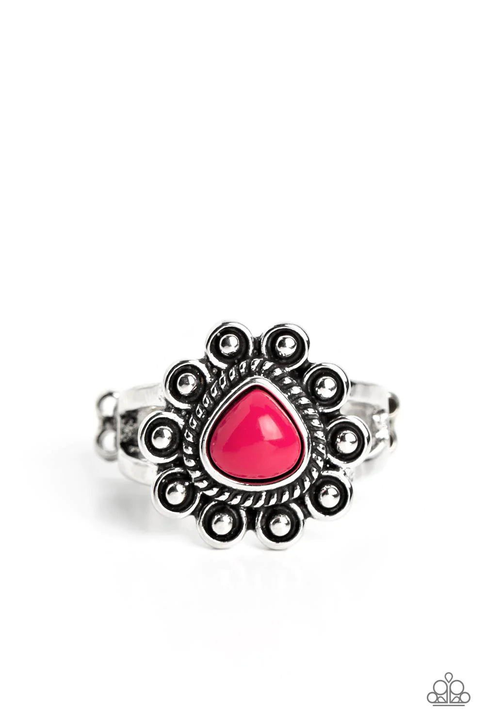 Paparazzi Accessories Fruity Frou-Froy - Pink Dainty silver petals bloom from a teardrop Pink Peacock bead center, creating a playful pop of color atop layered silver bands. Features a dainty stretchy band. Sold as one individual ring. Jewelry