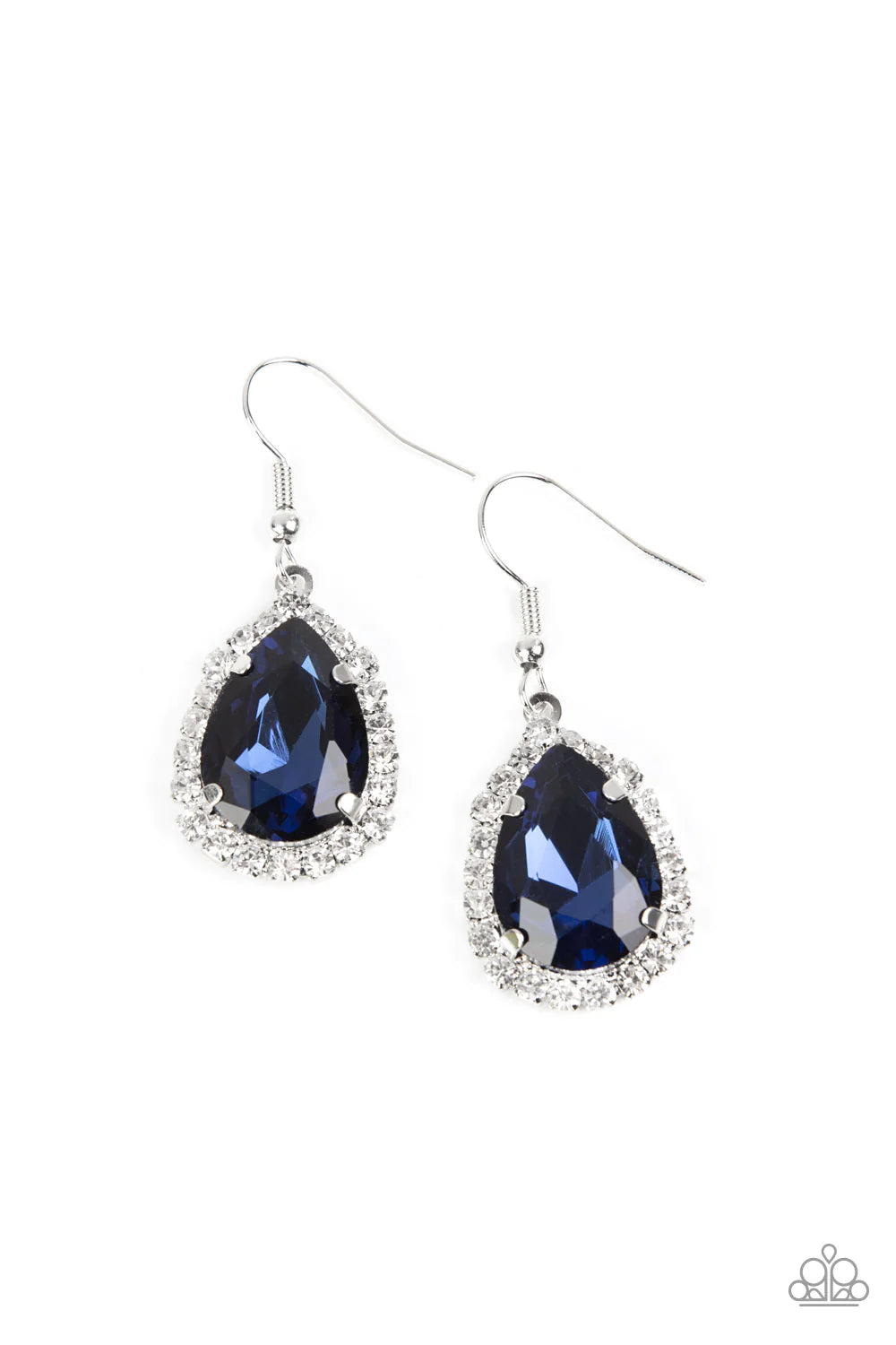 Paparazzi Accessories Bippity Boppity Boom! - Blue A border of glassy white rhinestones creates a glittery trim around an oversized blue teardrop gem, resulting in a stunning centerpiece. Earring attaches to a standard fishhook fitting. Sold as one pair o