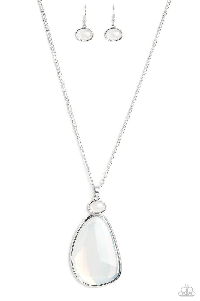 Paparazzi Accessories Geometric Glow - White Pressed in abstract silver frames, an opalescent, oversized, white acrylic piece and milky oval acrylic piece drips from the bottom of an elongated silver chain for a basic geometric design. Features an adjusta