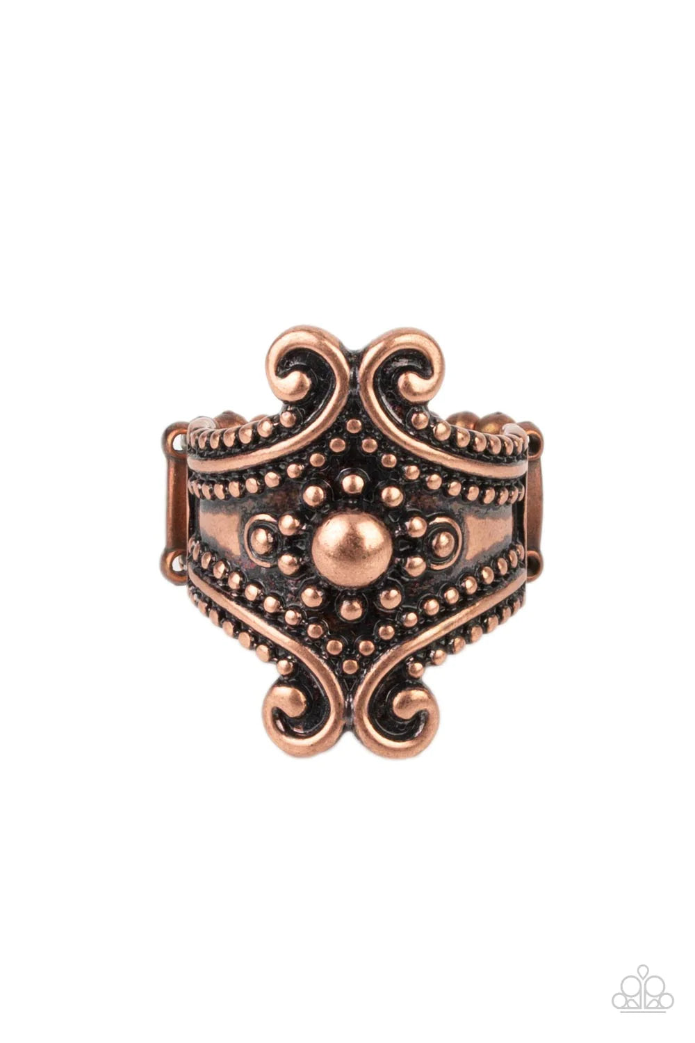 Paparazzi Accessories Artisan Artifice - Copper A rustic collection of copper studs and filigree accents adorn the front of an antiqued copper frame, creating an artisan inspired centerpiece. Features a stretchy band for a flexible fit. Sold as one indivi
