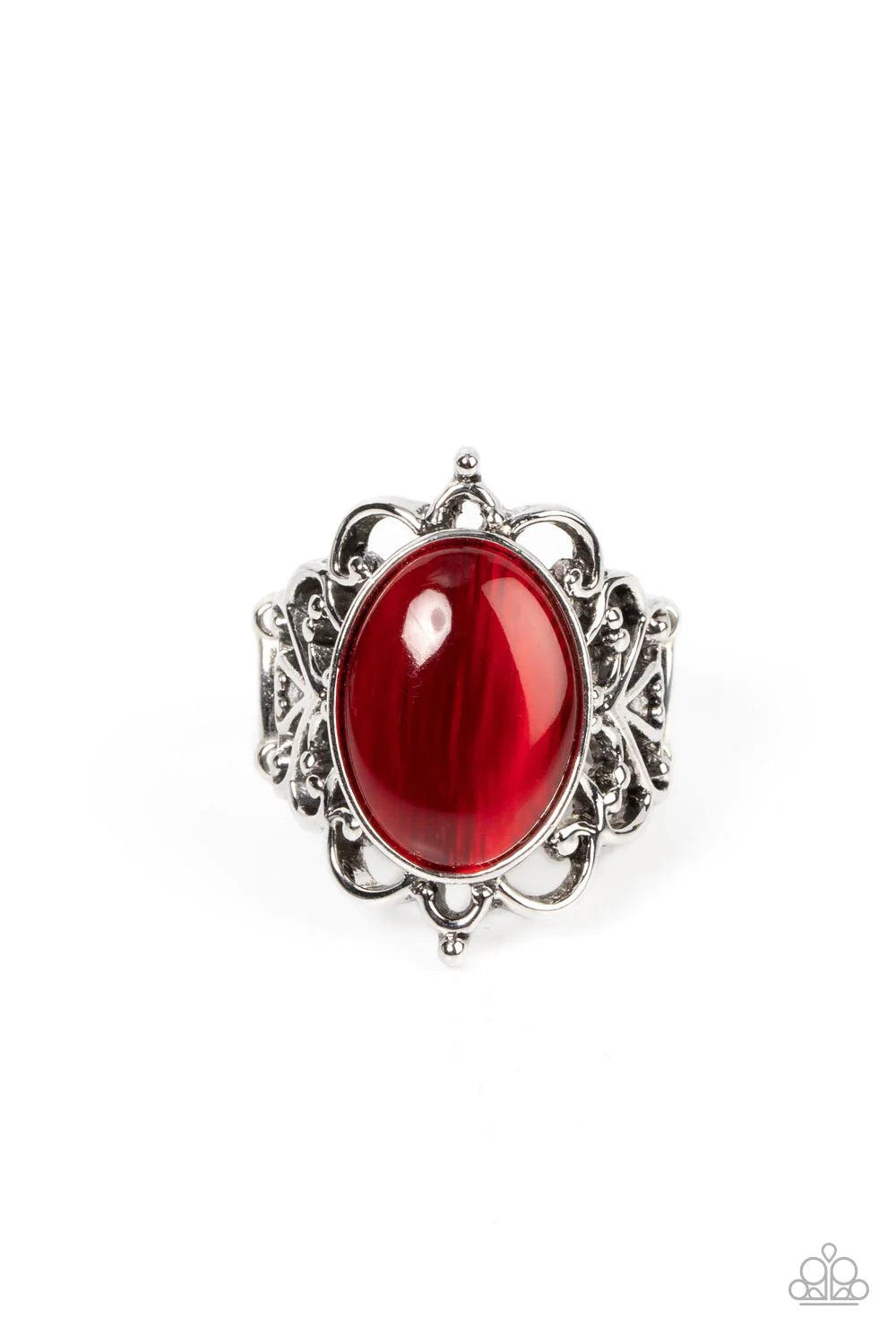Paparazzi Accessories Radiantly Reminiscent - Red An oversized oval Fire Whirl cat's eye stone is pressed into a frilly silver backdrop whirling with studded filigree, resulting in a whimsical glow atop the finger. Features a stretchy band for a flexible