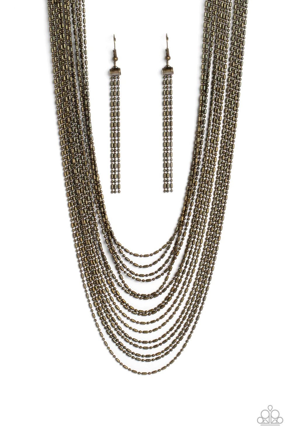 Paparazzi Accessories Cascading Chains - Brass Suspended from two brass, horizontal bars, a shimmery cascade of brass ball-and-bar chains layer around the neck for an industrial statement. Features an adjustable clasp closure. Sold as one individual neckl