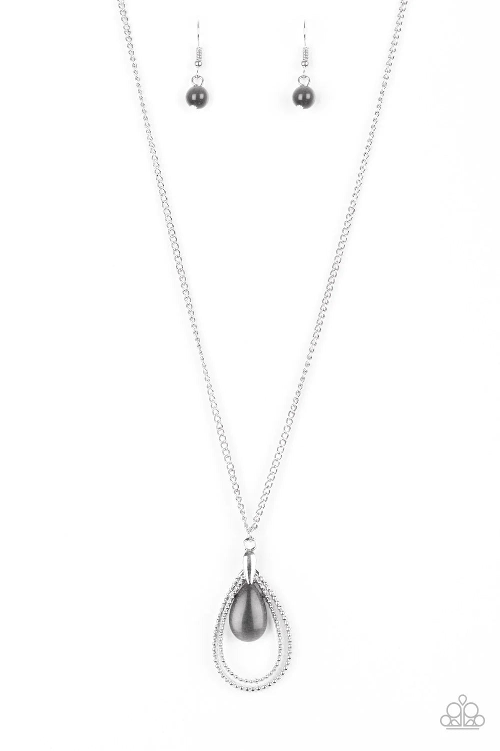 Paparazzi Accessories Teardrop Tranquility - Black Studded silver teardrops swing from the bottom of a shimmery silver chain. A glowing black moonstone attaches to the innermost frame, creating a whimsical pendant. Features an adjustable clasp closure. So