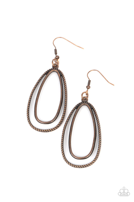 Paparazzi Accessories Lend Me Your Lasso - Copper Layered one inside the other, a smooth oval hoop brushed in antiqued copper texture is paired with a rustic frame wrapped in rope-like texture creating an airy, yet rustic design. Earring attaches to a sta