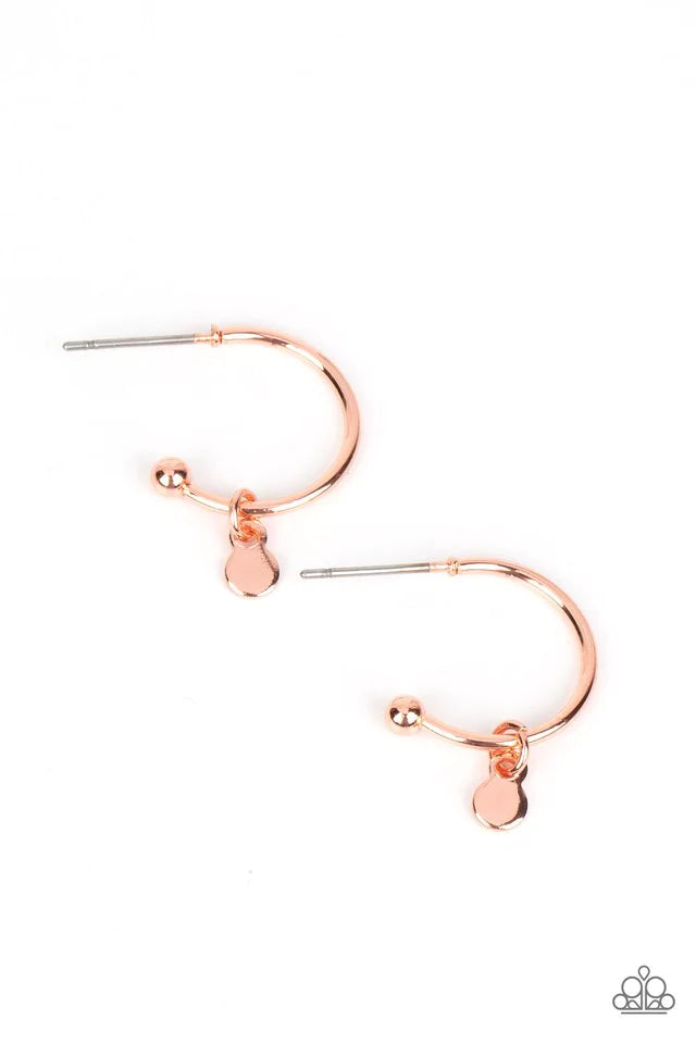 Paparazzi Accessories Modern Model - Copper A small, skinny, shiny copper hoop curves around the ear in a timeless fashion. A shiny copper ball is affixed to the end of the hoop, reminiscent of a barbell fitting. A dainty shiny copper disc slides along th