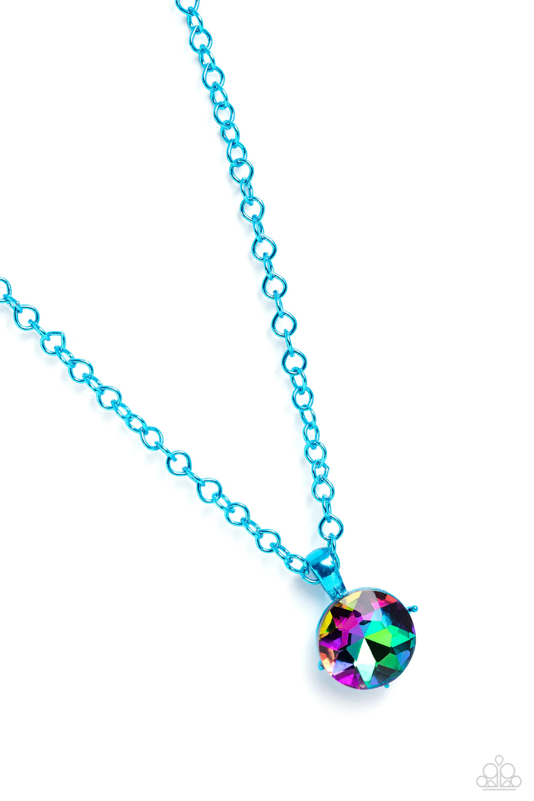 Paparazzi Accessories Las Vegas Dip - Blue Featuring a classic elongated chain in a vibrant blue hue, an oversized UV pendant in blue pronged fittings shimmers down the chest for a charismatic finish. Features an adjustable clasp closure. Sold as one indi
