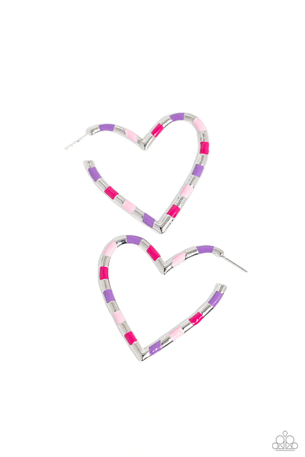 Paparazzi Accessories Striped Sweetheart - Pink A simple silver hoop of silver curves around the ear into a heart-shaped frame. Featured on the heart frame, stripes of light pink, purple, and hot pink alternate with the high-sheen finish of the silver for