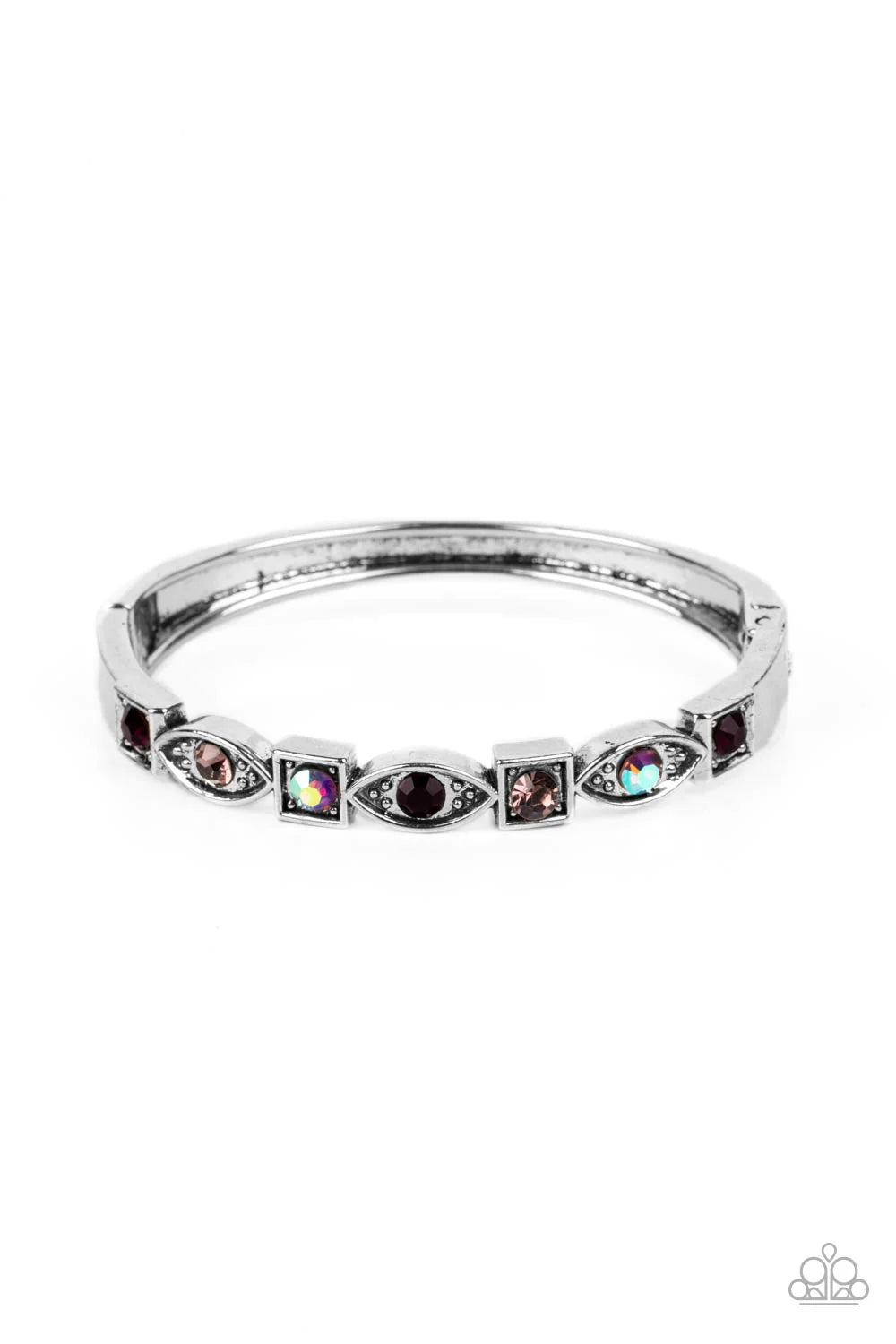 Paparazzi Accessories Poetically Picturesque - Purple A collection of square and marquise-shaped frames arc across the wrist in a stunning geometric display. Amethyst, light amethyst, and iridescent rhinestones are pressed into the centers of the thick si